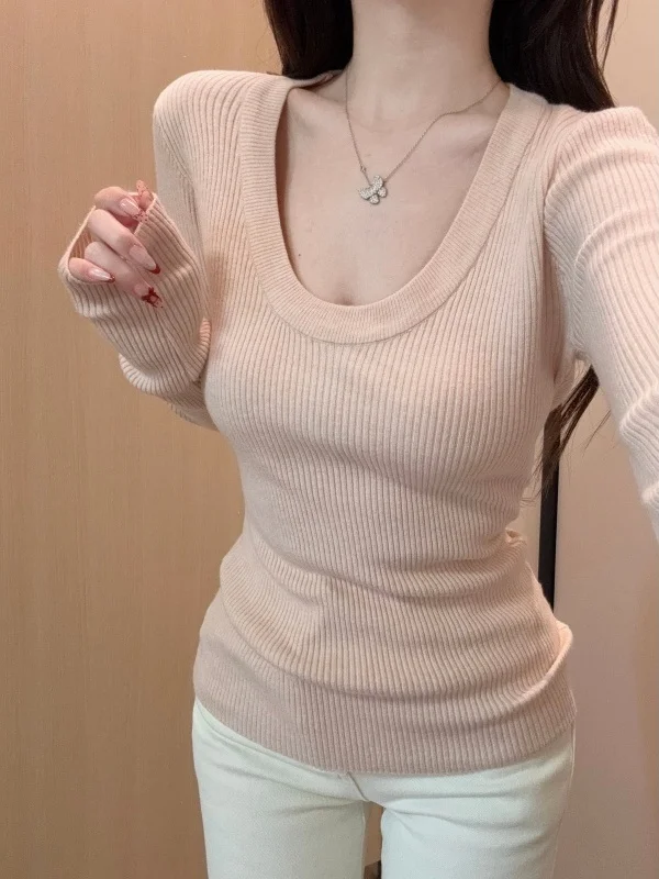 

Sweet Pink Knitted Long Sve U-Ne Base irt Women's Winter New Sle Slim Fit Soft Cozy Sweater Casual Commute Faion