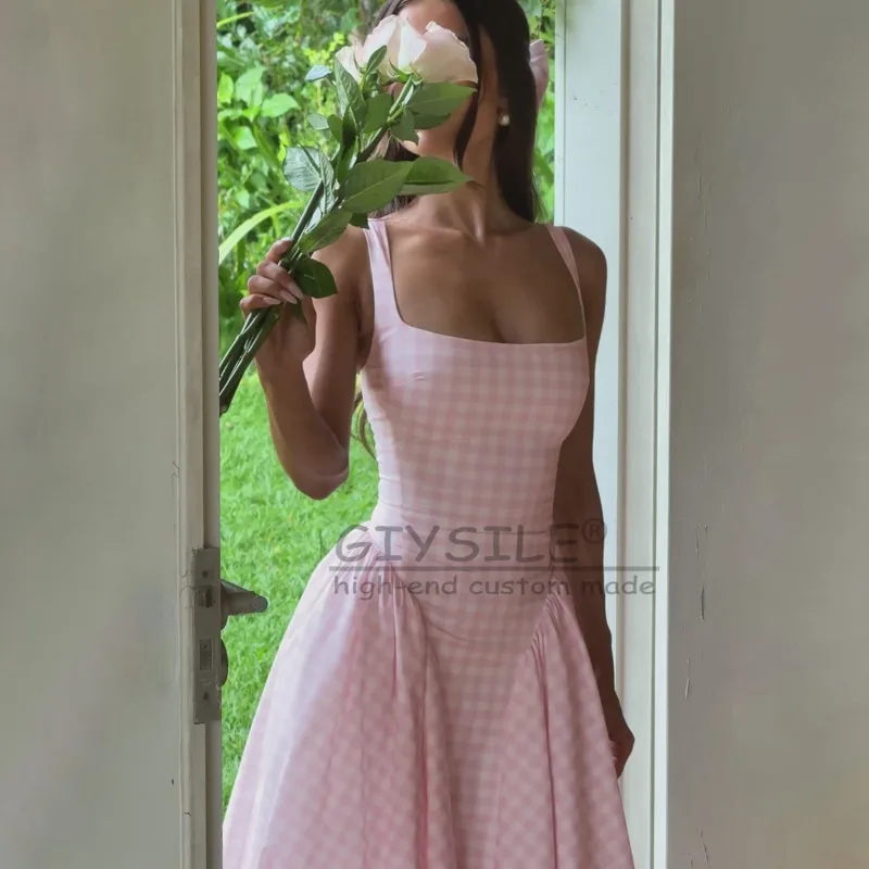 

GIYSILE Fashion French Fresh European and American New Plaid Print Waist Princess Dress Sexy Halter Dress Women's Evening Dress