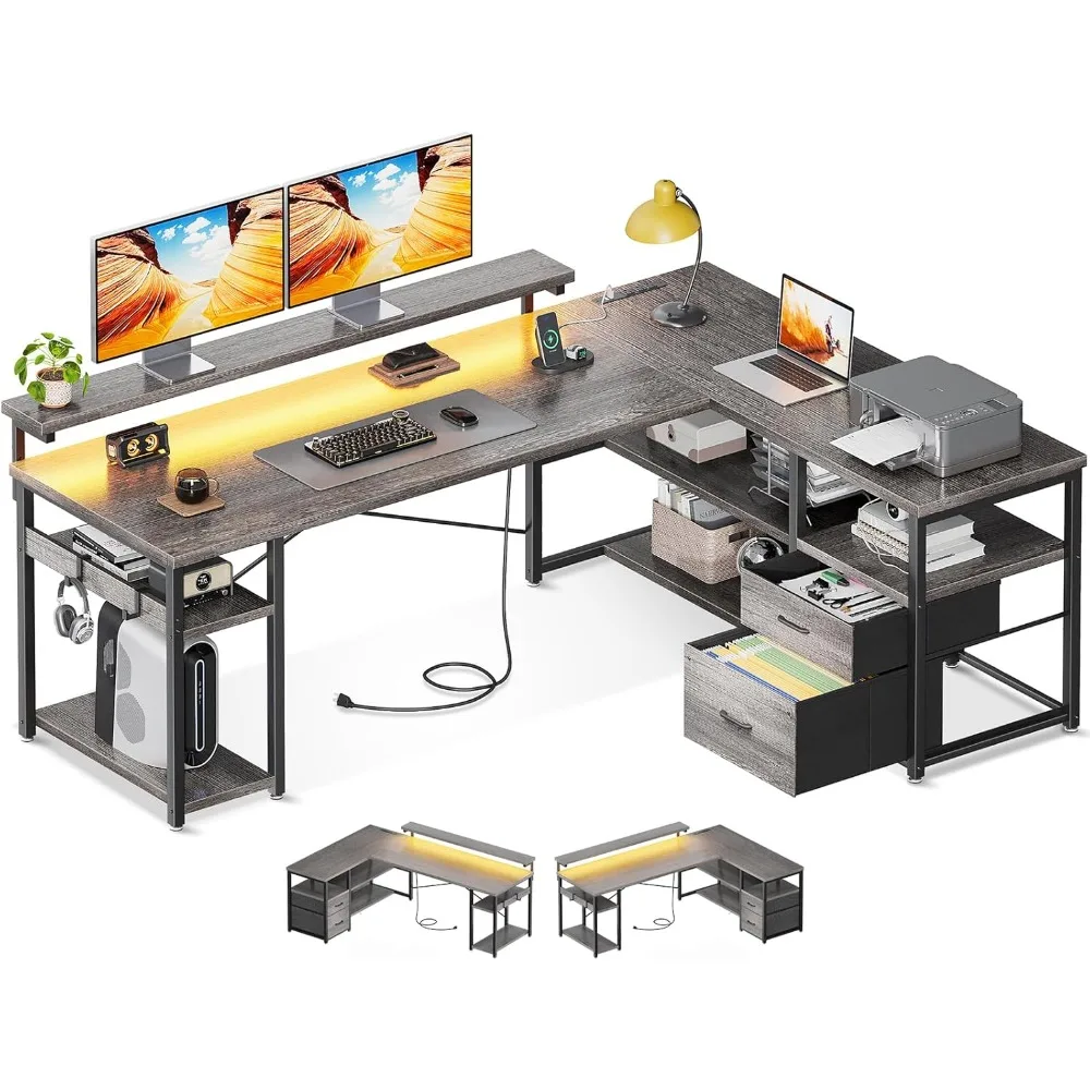 L Shaped Gaming Desk with Power Outlets & LED Strip, 61 Inch Reversible Computer Desk with File Drawer, Home Office Desk