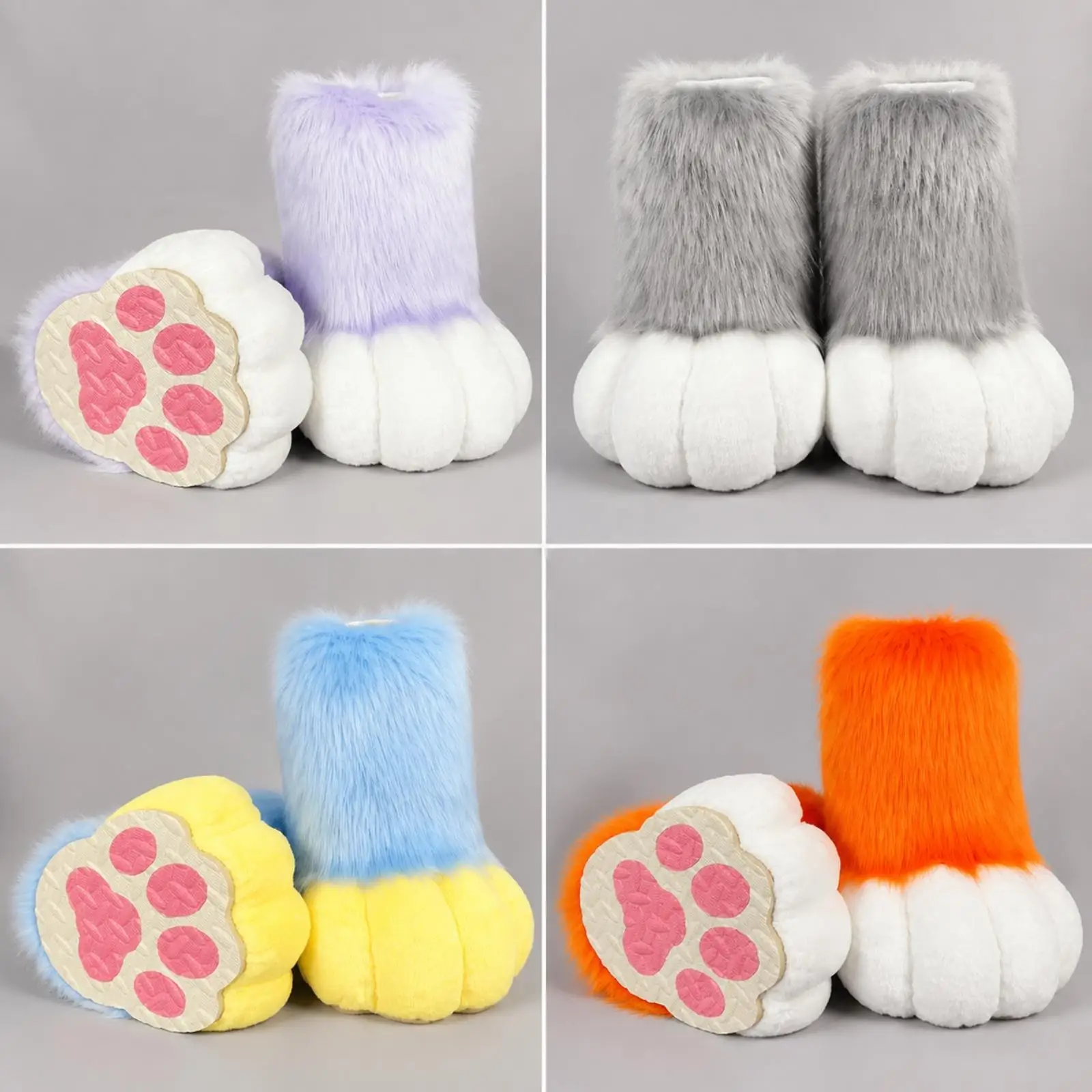Plush Cosplay Furry Footwear Fursuit Paw Slippers with Sole Pads for Adult Costume Shoes Elf Style