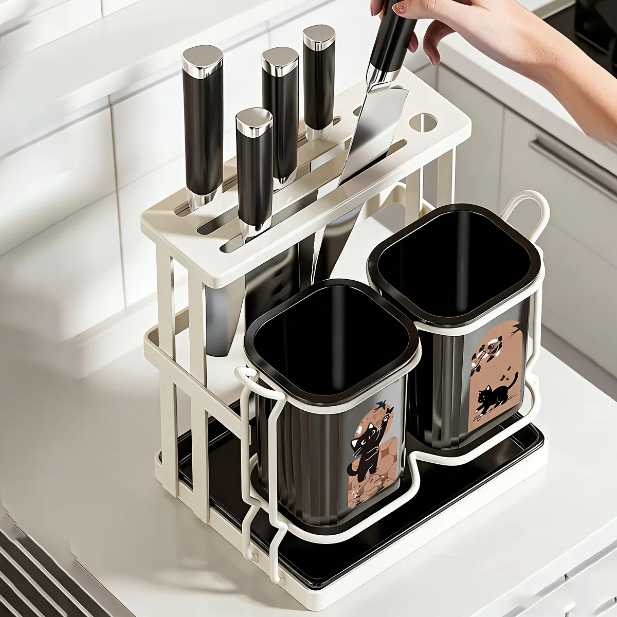 Detachable Desktop Kitchen Utensil Storage Organizer, Cat Pattern Carbon Steel Holder for Knives Spoons Chopsticks