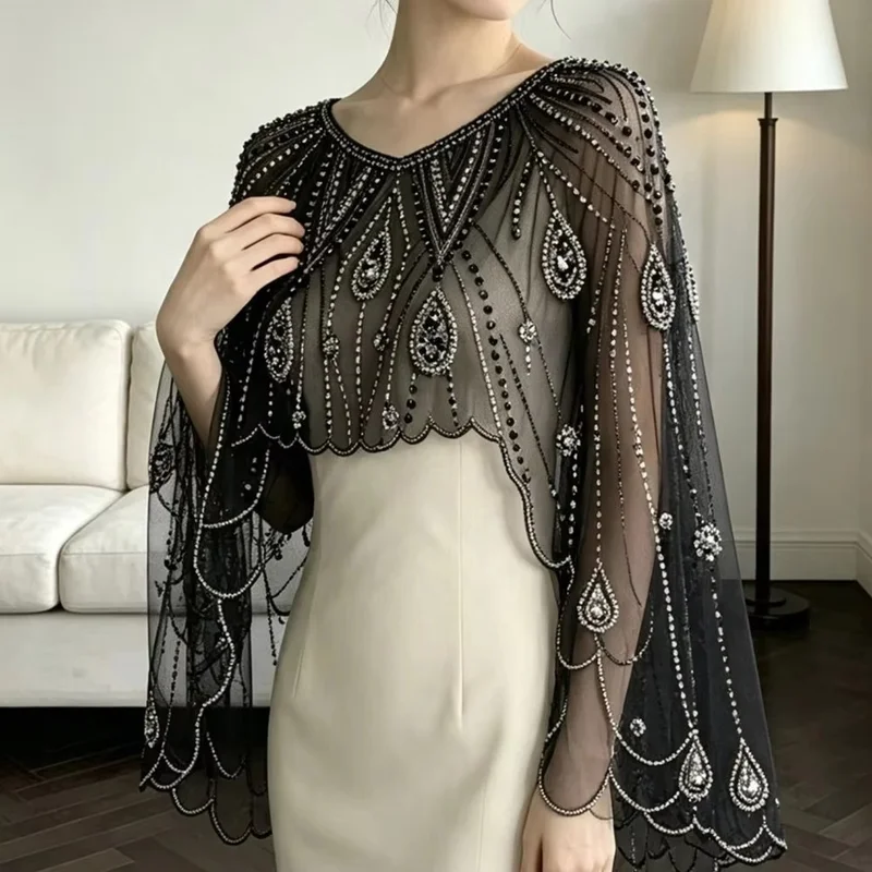 2026 new fashion fairy design foreign style age-reducing dress cheongsam with heavy industry beaded sequined shawl