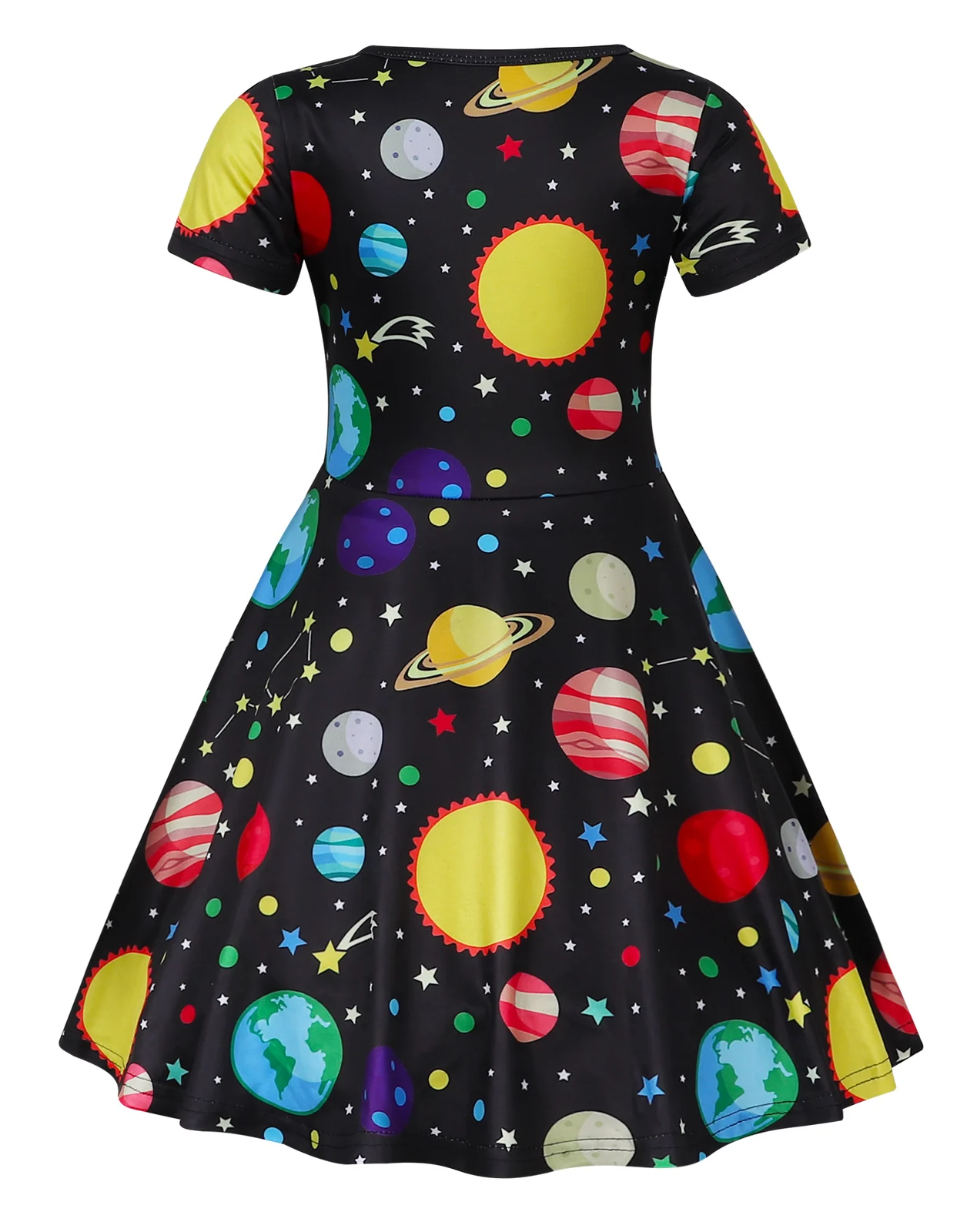 Girls Summer Printed Dress Short Sleeved Aline Skirt Planetary Printed Starry Sky Clothing