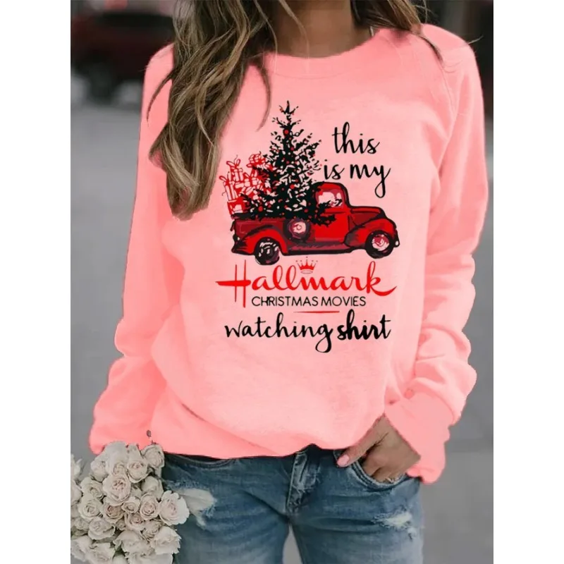 Christmas Tree Car Printed Long Sleeve Collar Loose Round Neck Hoodie Winter Autumn Graphic T Shirts  Women Clothing