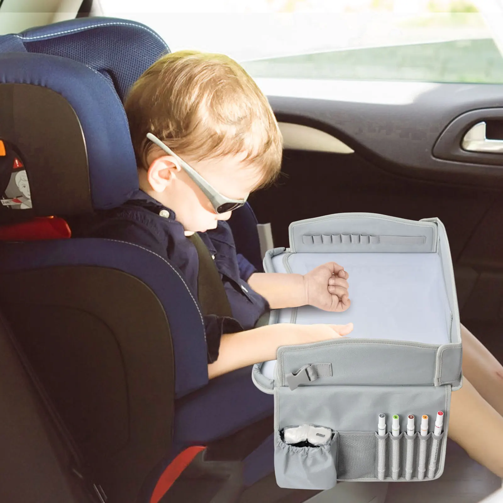 Baby Kids Car Seat Travel Tray Waterproof Safety Seat Play Snack Draw Table Organizer Storage 16.9*14.3*11.8 Inch Portable Table