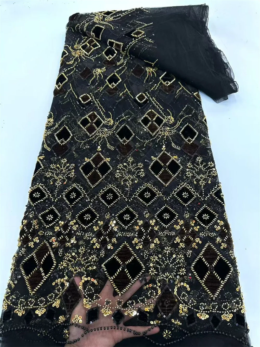 5 Yards Velvet Beads Tulle Lace High Quality African Embroidery Lace Fabric 2025 Nigerian Green Sequins Lace For Sewing H175-1