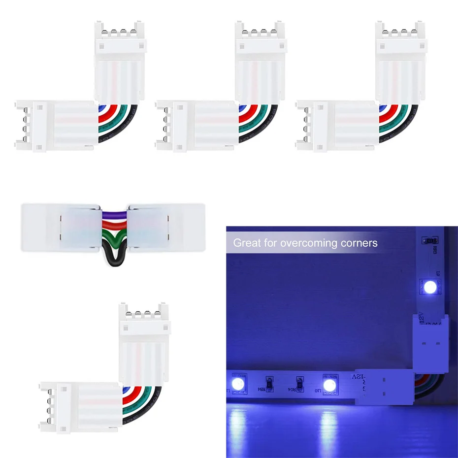 5PCS L Shape 3Pin 4-Pin LED Connectors 10mm Width Corner Connectors Solderless Connector Terminal for SMD RGB RGBIC Led Strip