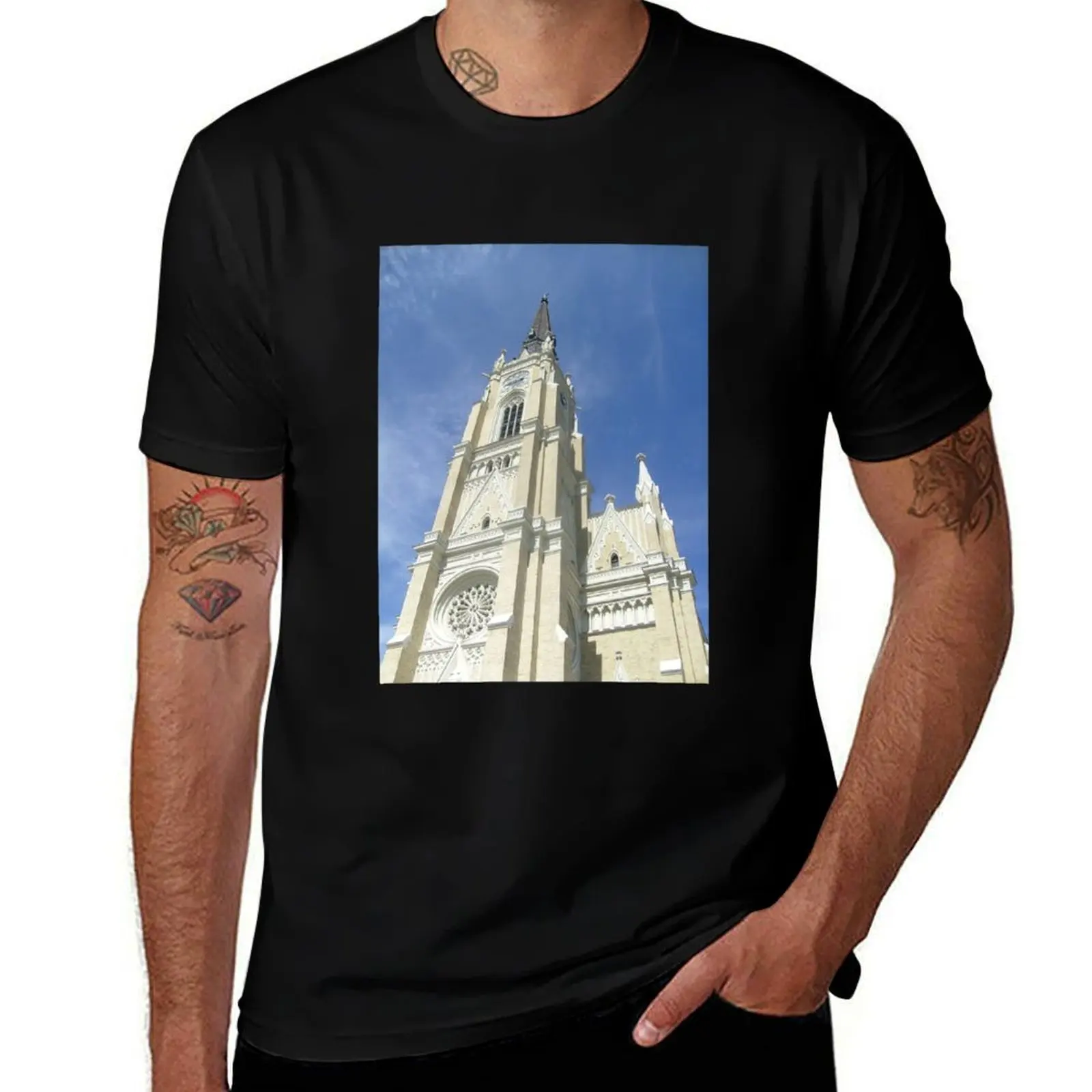 

View of the bell tower of the cathedral in Novi Sad T-Shirt Basic Tee Shirt for Everyday Outfit