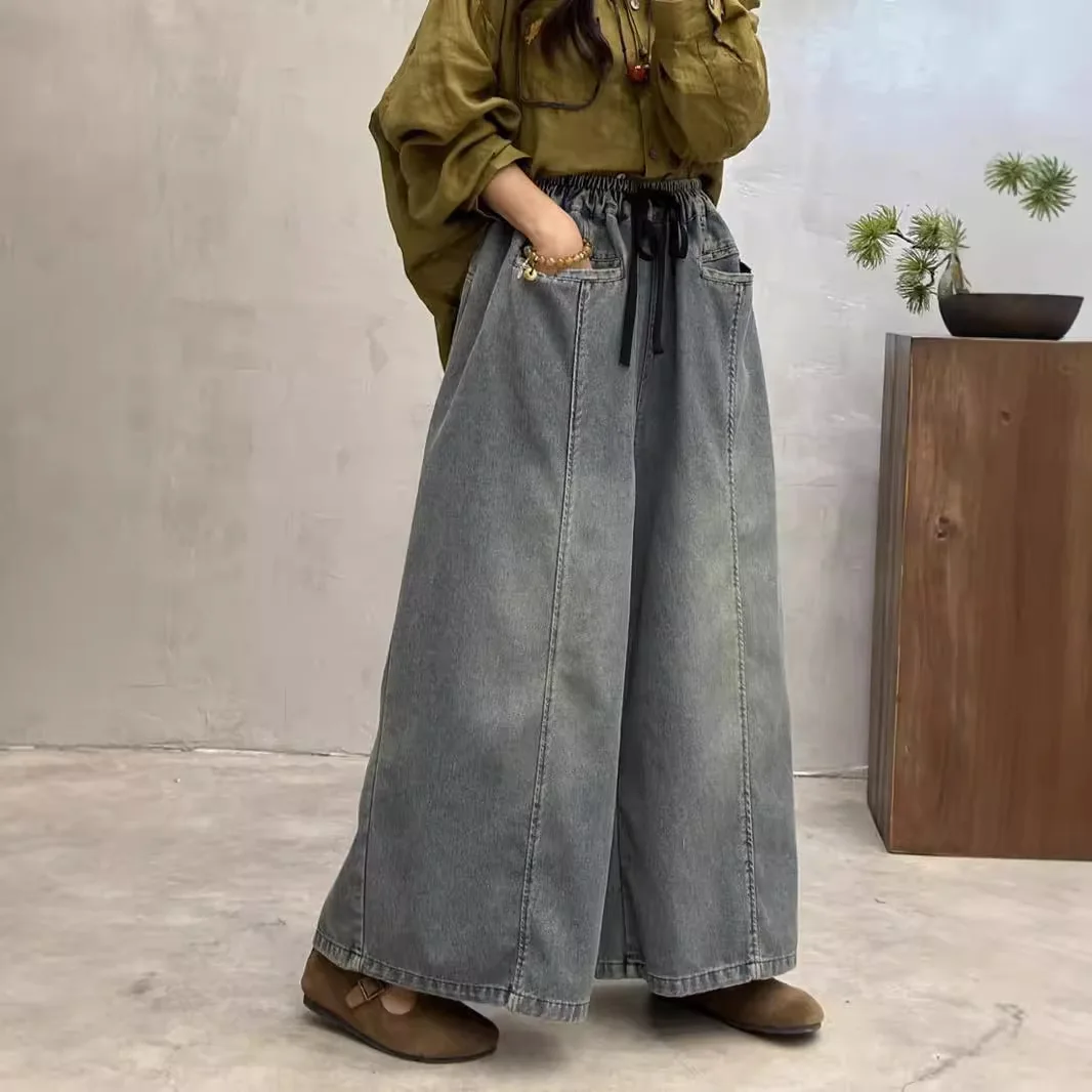 SuperAen 2024 Spring New Arrival Retro Loose Oversize Elastic Waist Jeans for Women