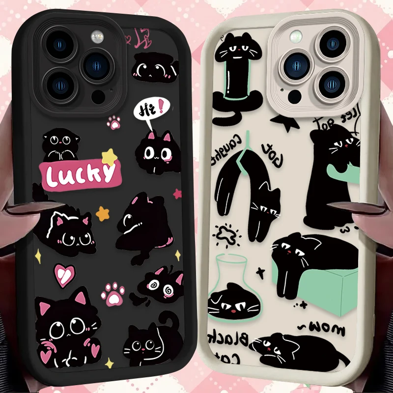 Cute Black Cat Graphic Case For iPhone 16 15 14 13 12 11 Pro Max X XS X S Max XR SE 2020 7 8 Plus iphone16 Silicone Back Cover