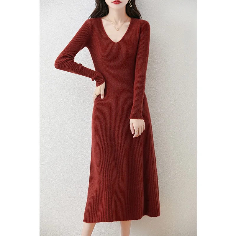 2024 Autunmn And Winter 100% Wool Knitted V-neck Dresses Hot Sale Sweaters Women  Soft High Quality Ladies Jumpers Clothes