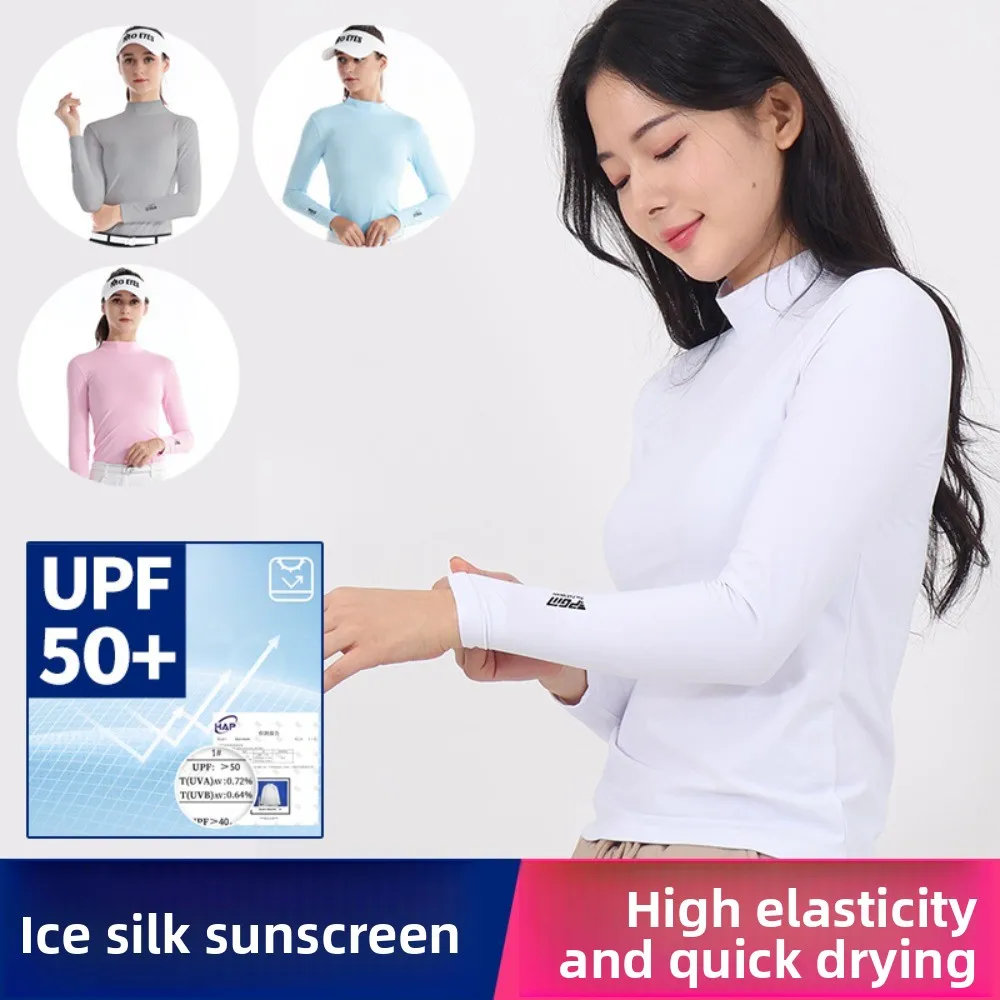 pgm-女性ゴルフアイスシルクシャツボトムコートシェーディング日焼け止め長袖-tシャツ夏超薄型クールマネー