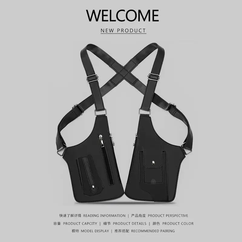 Retro Double Shoulder Strap Tactical Bag Multi Pocket Anti Theft Waterproof PU Outdoor Travel Hiking Chest Bag for Men Daily Use