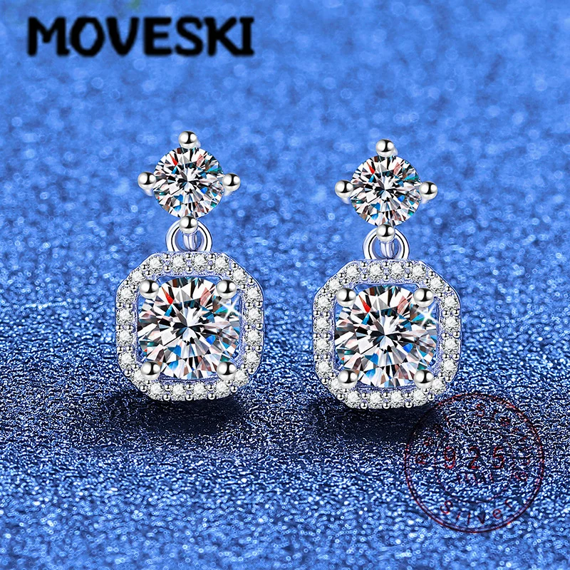 

Серьги-подвески из стерлингового серебра 925 пробы с круглым муассанитом, двойным камнем и квадратной оправой-хало, изысканные ювелирные изделия для женщин