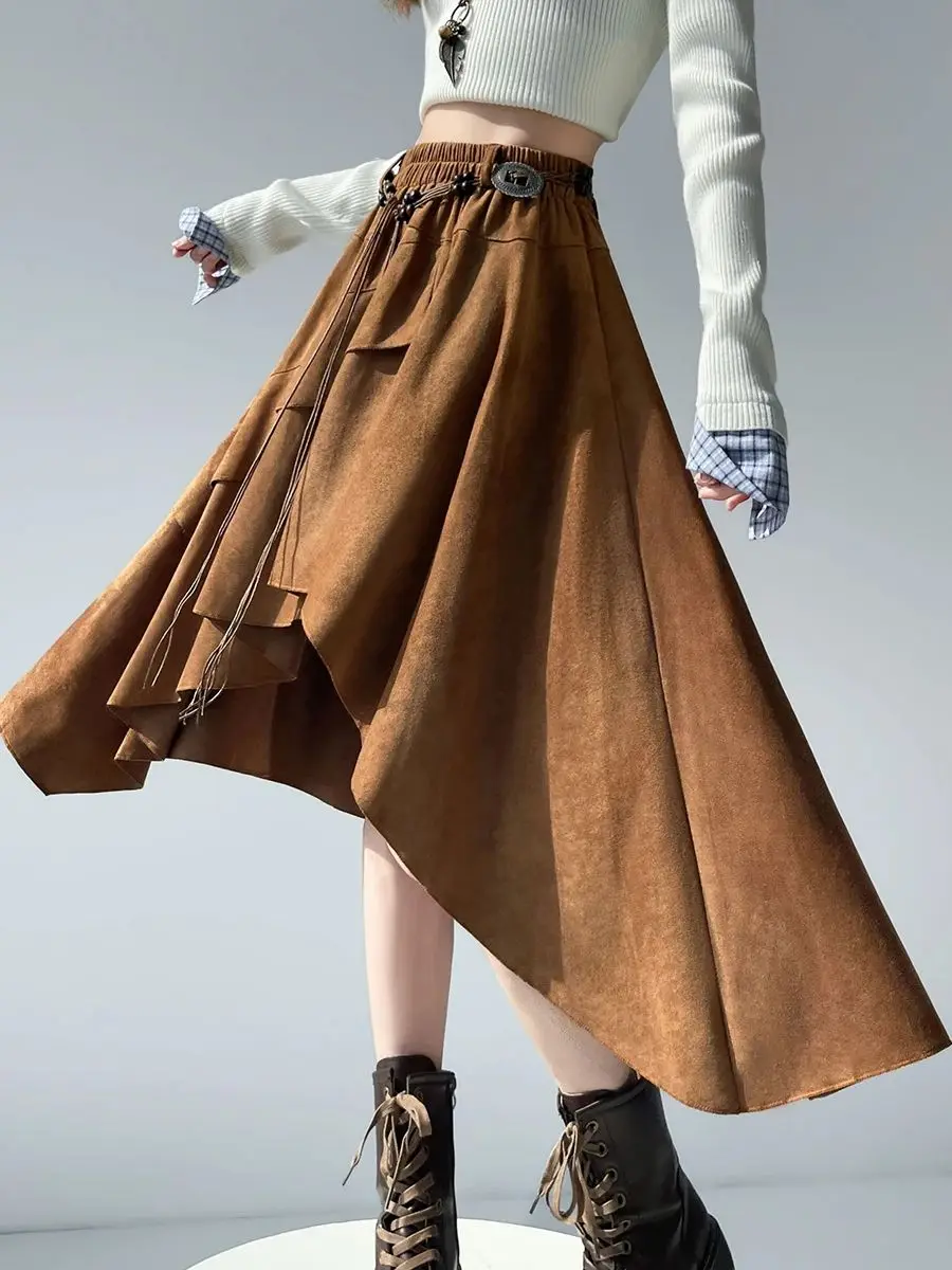 

Vintage Suede Pleated Midi Skirtd for Women, Elastic High Waist A-Line Skirt With Asymmetrical Hem Fall Winter 2025