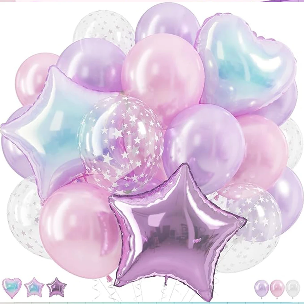 33-teiliges Set Hellrosa und Fliederfarbene Transparente Stern-Latexballons Regenbogen Herzförmige Lavendel-Stern-Folienballons für Prinzessinnen-Dekoration