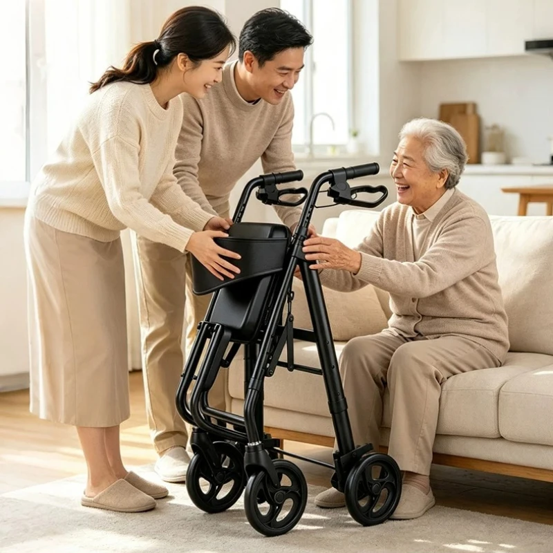 Four Wheel Rollator Walkers for The Elderly Heavy Duty Walking Aids for Seniors, Lightweight Folding Mobility Walker with Seat