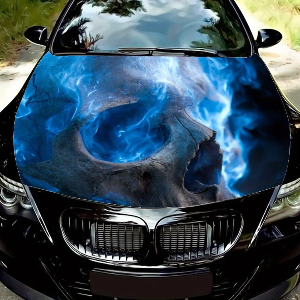 

Виниловая упаковка с синим пламенем и черепом для капота автомобиля, наклейки на двигатель, водонепроницаемая самоклеящаяся упаковка из ПВХ, защита поверхности, персональная