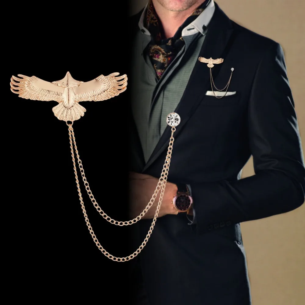 

New Fashion Eagle Brooch Vintage Wing Animal Tassel Lapel Pin Men's Suit Shirt Collar Gold Sliver Color Badge Jewelry Accessory