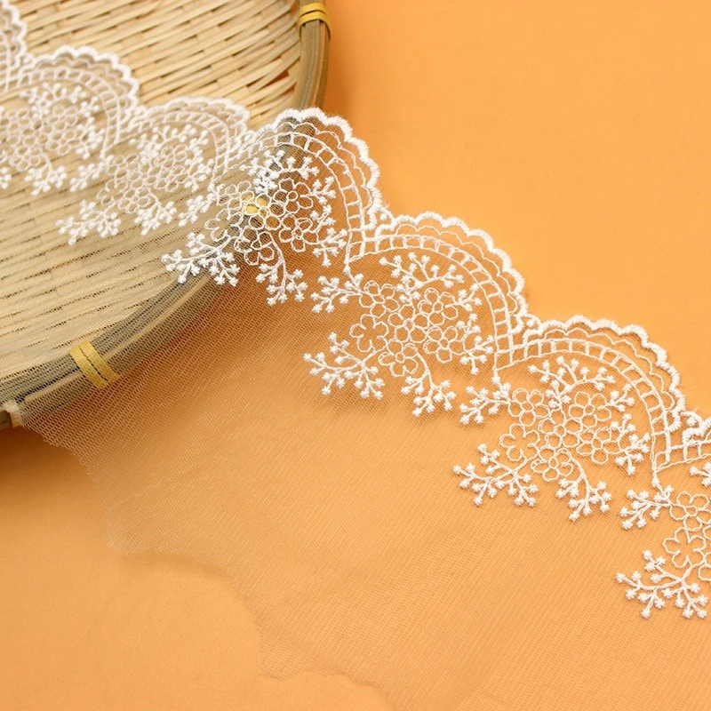 Lace Fabric with Flower Edge for Dress Sewing, Cotton Embroidery, Mesh Lace Trim, Off White Gauze, DIY, 11cm Width, 5Yds