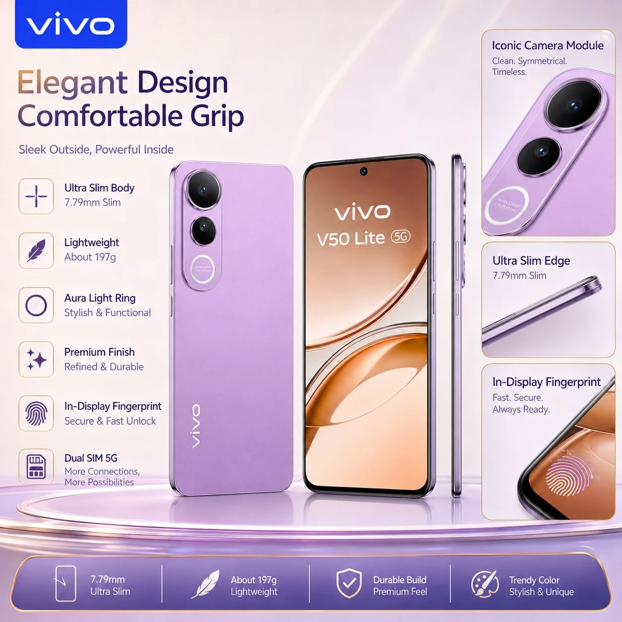 2026 new VIVO V50 Lite 5G Smartphone 8GB+256GB, Dimensity 6300, 120Hz AMOLED Display, 50MP Sony Camera, 6500mAh, 90W FlashCharge