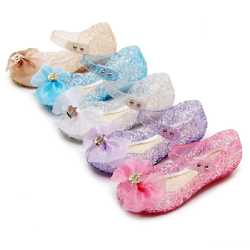 Princess Bowknot Jelly Sandals Glitter Sequin Hollow Out Soft Sole Summer Cinderella Style Party Dress Shoes For Outdoor Walking