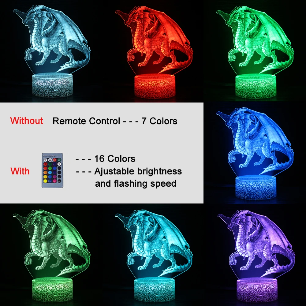 Dragon Night Light for Kids 3D Illusion Led Night Lamp Touch Sensor USB Battery Powered Changing Colors Home Room Decor Gifts