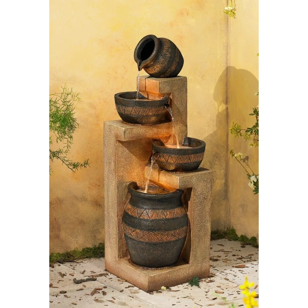 

Stoneware Bowl and Jar Rustic Outdoor Floor Water Fountain with LED Light Cascading for Garden Patio