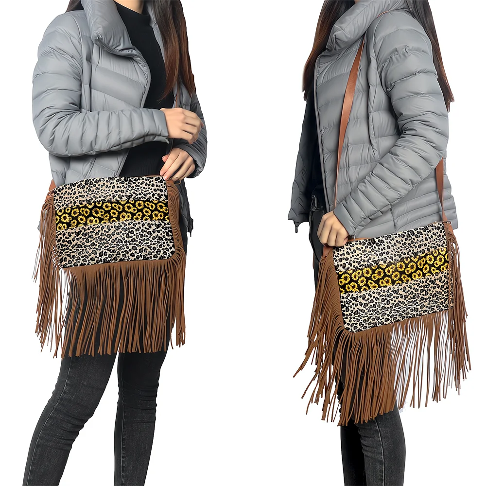 Tassel Shoulder Bag For Women Leopard Sunflower Crossbody Bag Faux Fur Tote Bag For Ladies Travel Outdoor