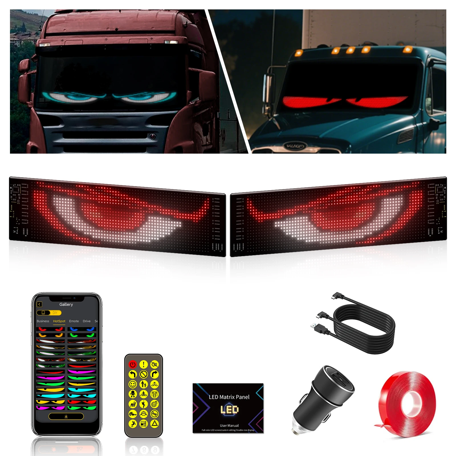 2pcs LED Soft Foldable Remote Control Truck Devil Eye Bluetooth App DIY Matrix Pixel Panel Light Windshield Graffiti Scrolling