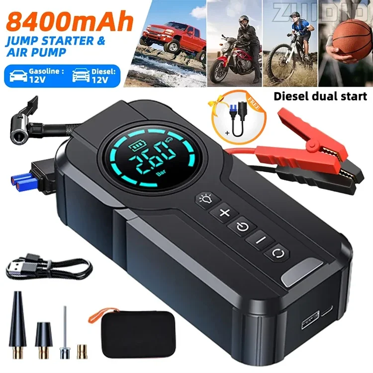 

Portable Car Jump Starter Device Air Pump Power Bank Lighting Air Compressor New Car Battery Starter Starting Auto Tyre Inflator