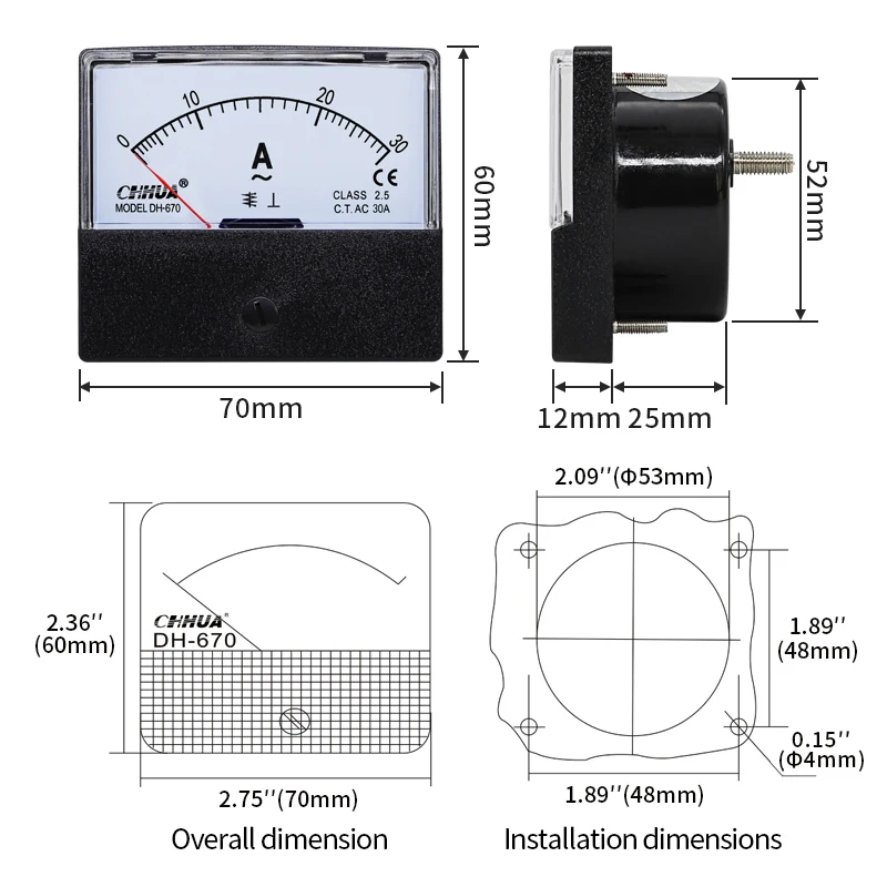 Analog Ammeter Gauge DH-670 AC Ammeter Panel Ampere Meter Current Meter Current Tester Analog Meter1A2A3A5A10A2030A50A