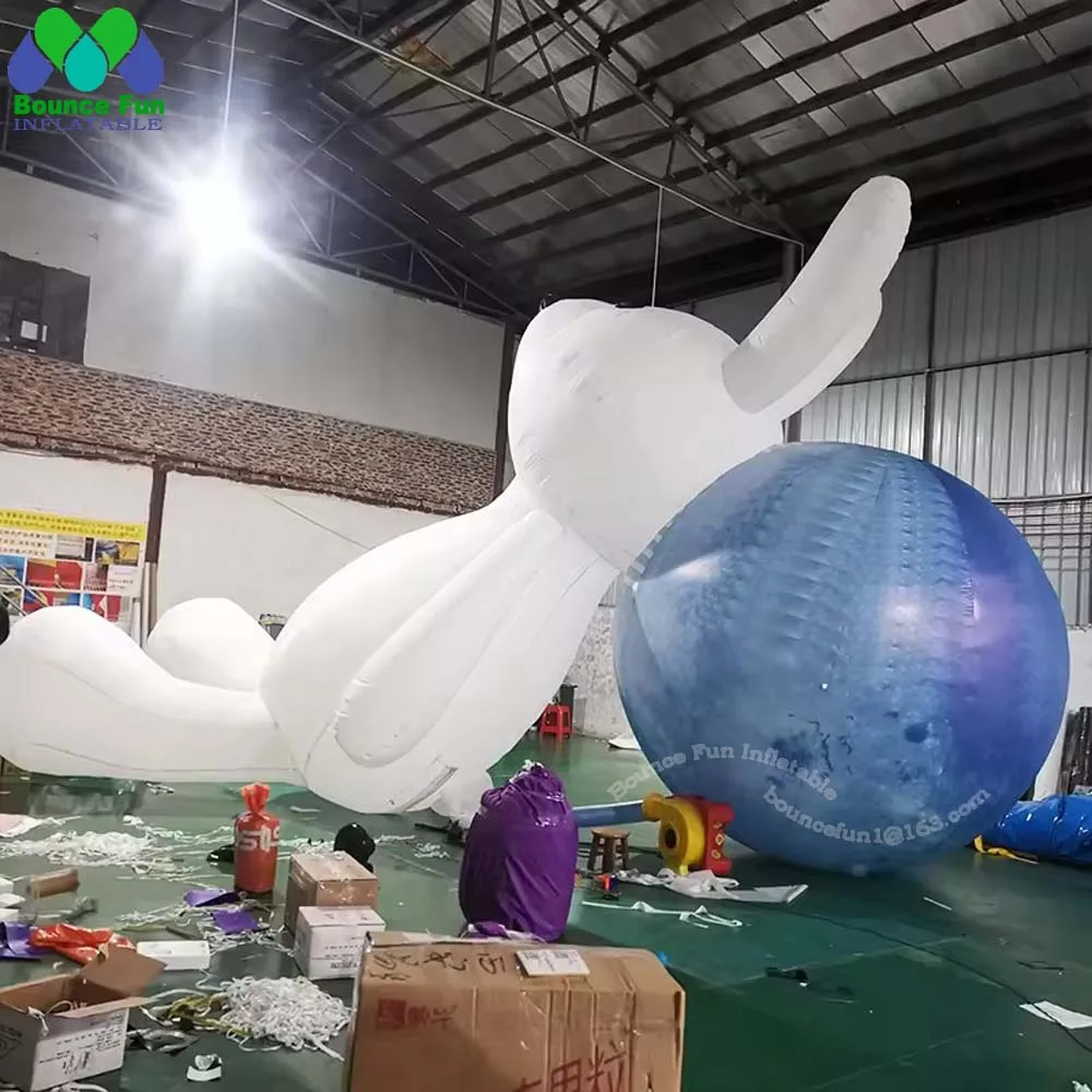 Conejo inflable tumbado blanco con bola de Luna y luces LED, globo gigante de conejo de Pascua para decoración de Festival de medio otoño