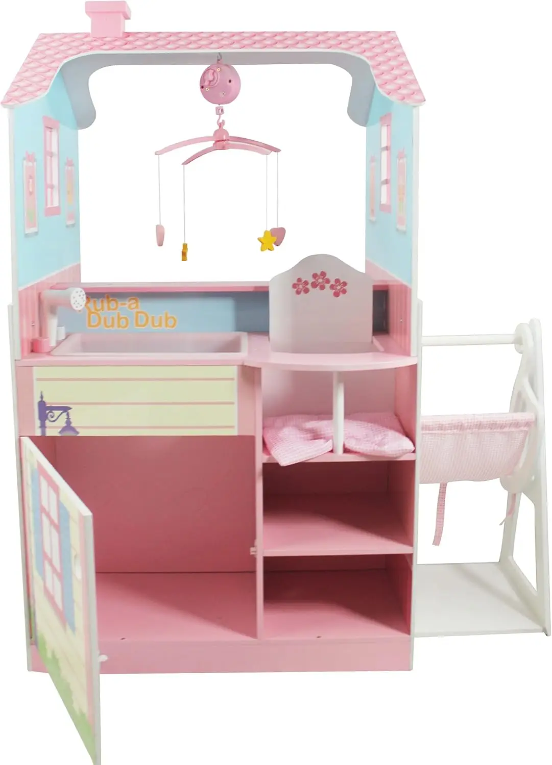 Centre de pépinière en bois tout en un pour bébé, maison de courses double face pour poupées bébé avec balançoires, CH multifonctionnel, 16 "-18"