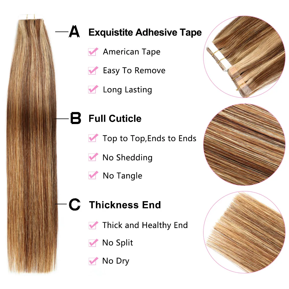 Tape In 100% Real Remy Human Hair Brazilian Human Hair Straight Extensions Skin Weft Adhesive Glue On Salon Quality for Woman