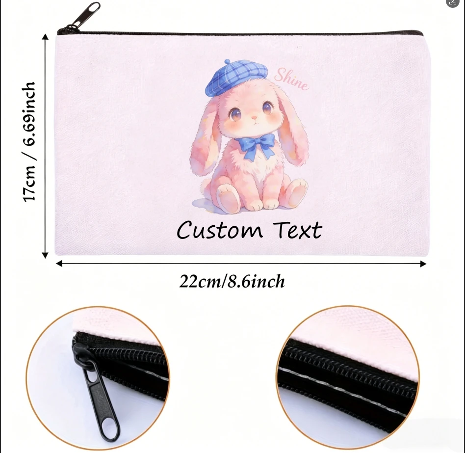 1PC Custom Text Cute Pink Bunny With Blue Beret Bow Cosmetic Bag Personalized Canvas Zipper Storage Pouch