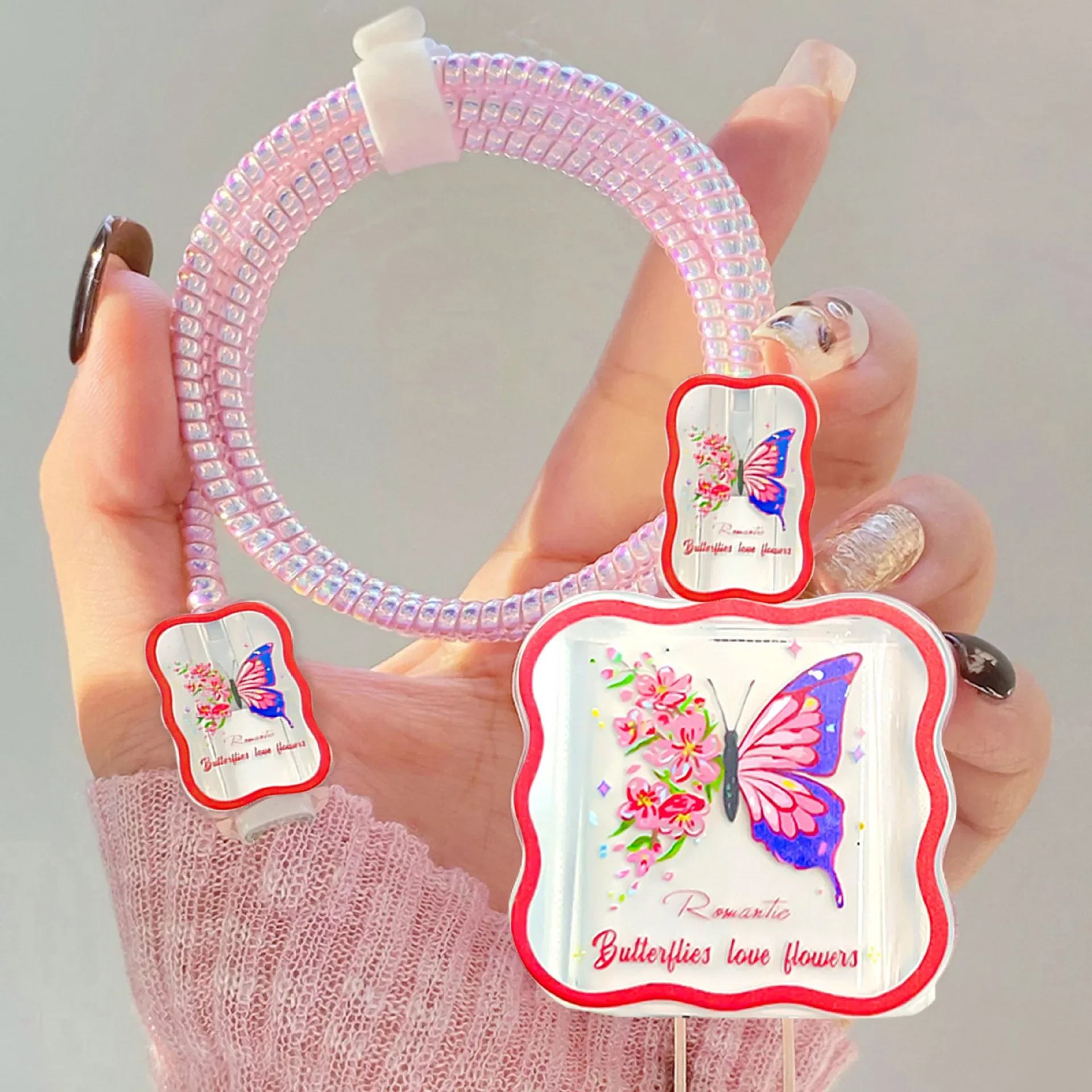 Kawaii Cute Pink Butterfly Wave Border USB Protector Cover for iPhone 18W/20W Data Line Head Cord Fast Charging Case