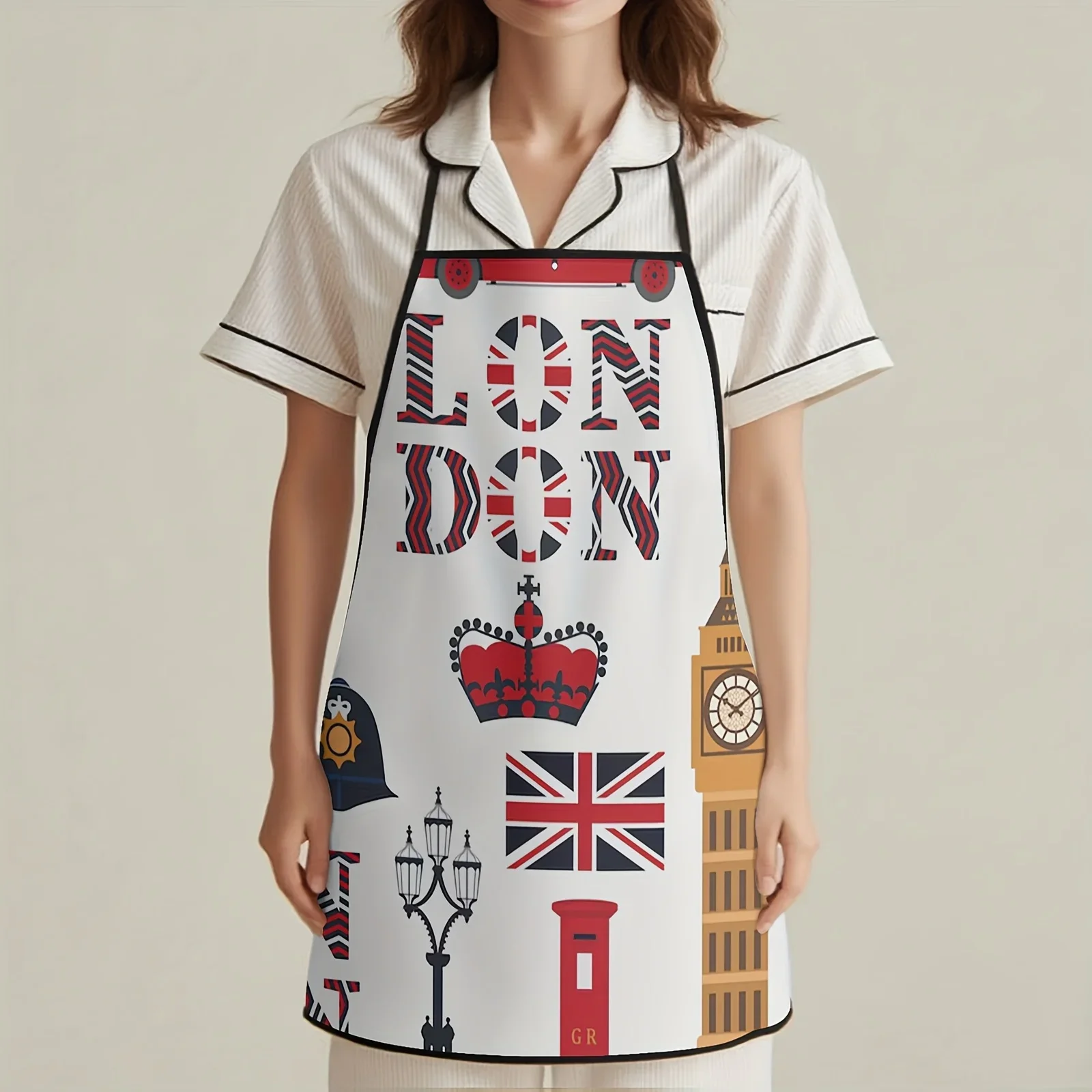 1pc London-Themed Apron with Big Ben, Red Phone Booth & Union Jack Design - Durable Polyester, Comfort Fit