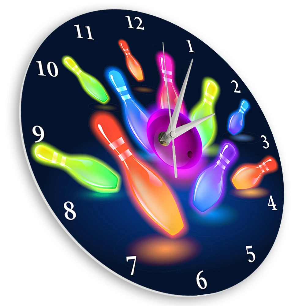 Colorful Bowling Pins Ball Design Silent Non-Ticking Wall Clock Glowing Style Sport Decorative Clock for Game Room Bowling Alley