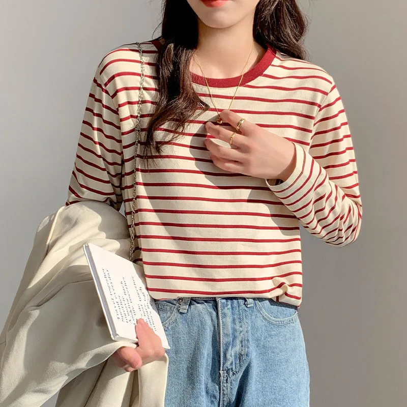 Économie décontractés à manches longues rayés noirs pour femmes, chemises à fond en coton, t-shirts féminins, vêtements chics, printemps