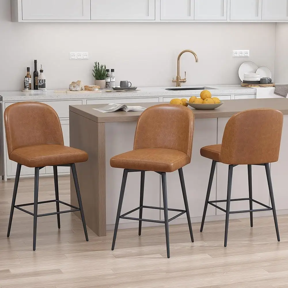 Counter Height Bar Stools Set of 3 Faux Leather Upholstered Swivel Stools with Back Kitchen Dining Area