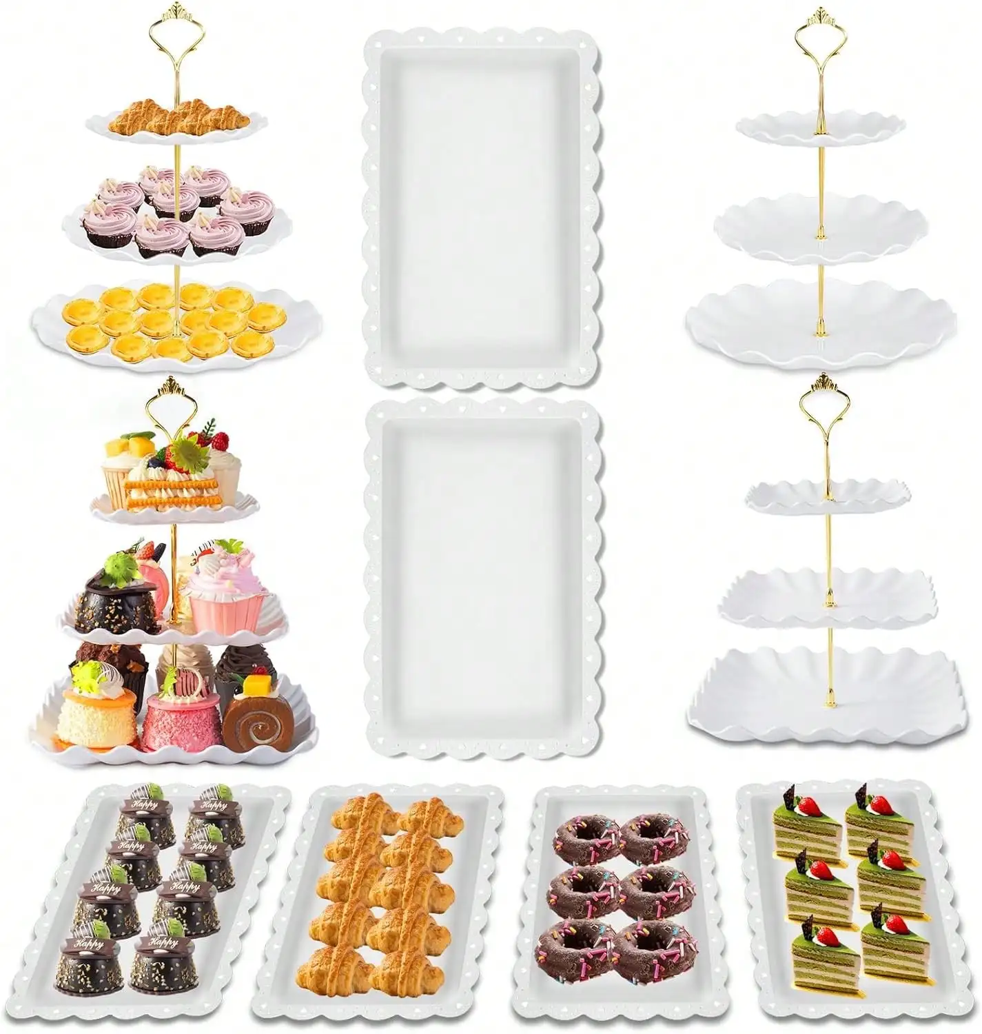 10 Pack Dessert Table Display Set, 4 Sets 3 Tier Cupcake Stand, 6 Pcs Food Serving Trays, Tiered White Plastic Cup Cake Tower For Birthday Baby Shower Wedding And Tea Party Supplies