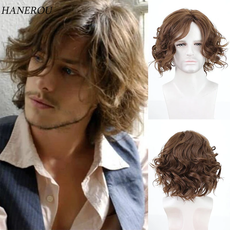 Синтетический короткий вьющийся коричневый парик с челкой для мужчин, повседневная вечеринка, косплей, искусственные волосы, термостойкие