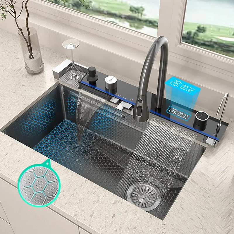 

Stainless Steel Kitchen Sink, Golden Waterfall Large Single Basin, Multifunctional Digital Display, 100 By 50 Centimeter Size