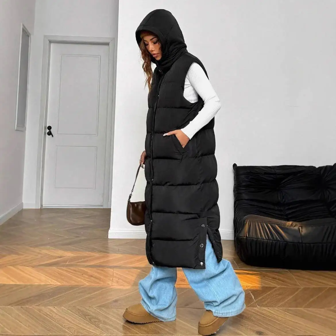 

Clothing 2025 Women's New Cotton Vest Long Versatile Hooded Slim Fashion Korean Style Jacket