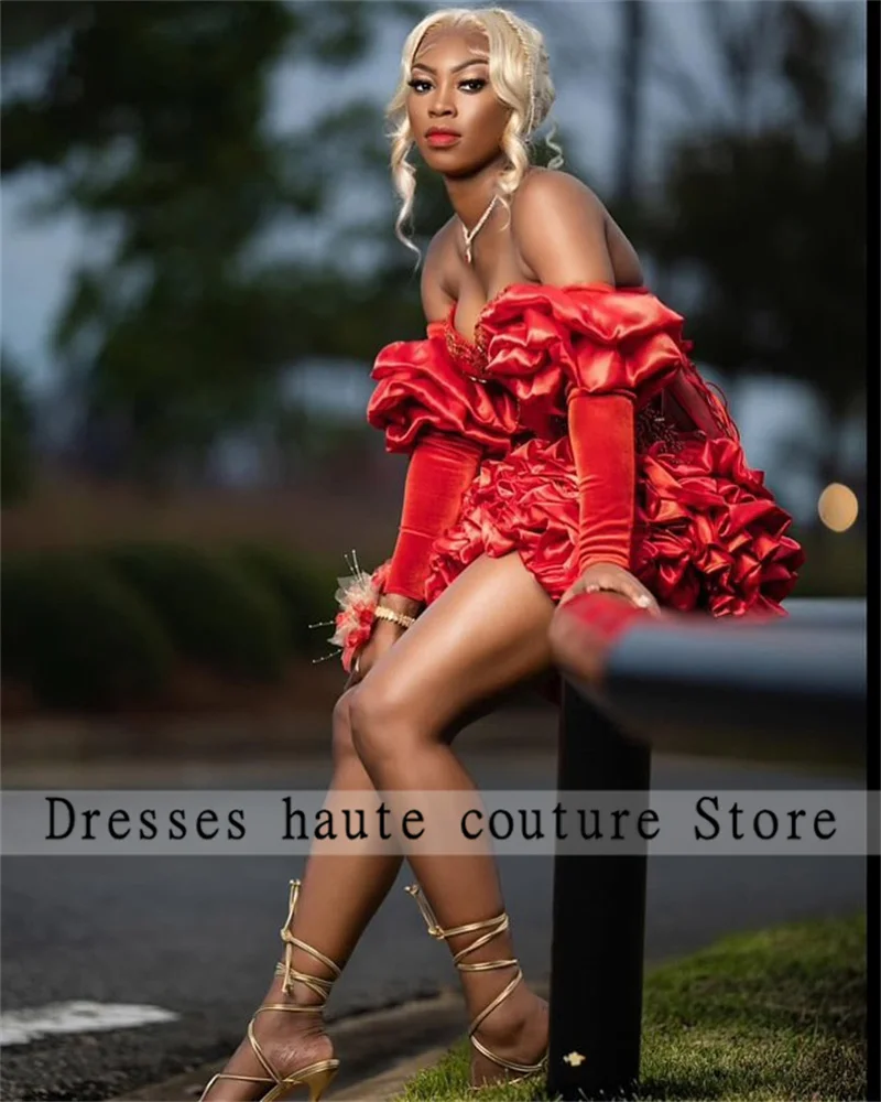 Aso Ebi Red Ruched Beaded Short Prom Dress Black Girl 2025 Crystal Rhinestones Homecoming Dress Party Dress Customized