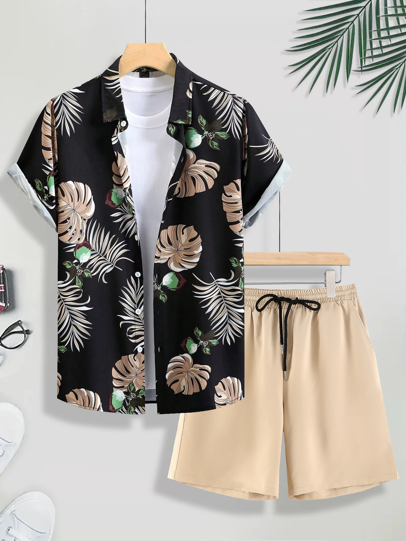 

Trendy Retro Plant Print Set Men Summer Loose Floral Shirt & Solid Casual Shorts 2 Piece Streetwear