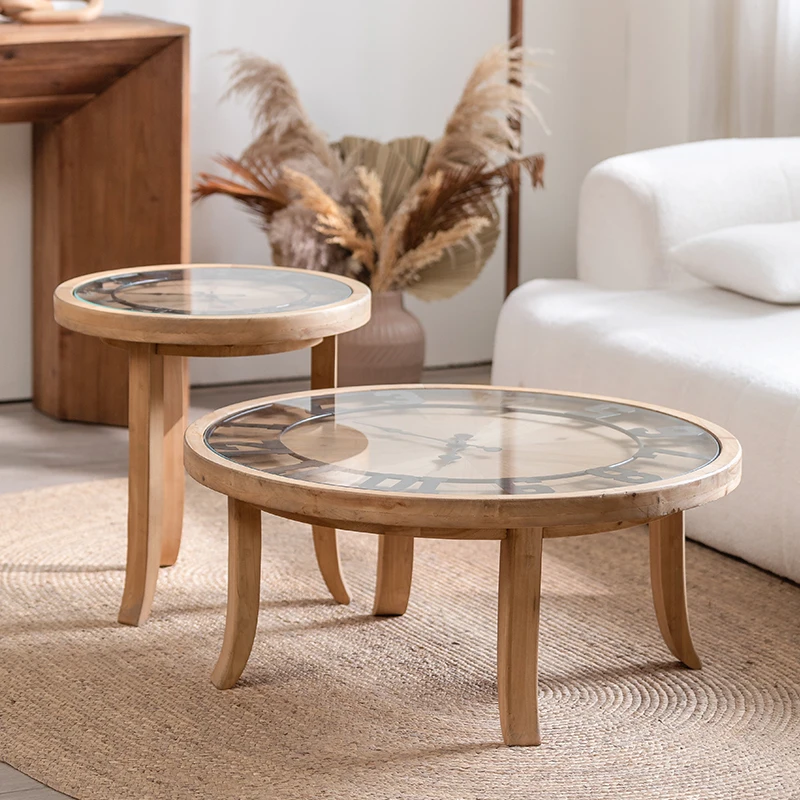 Wabi Sansi wind solid wood  retro round small apartment glass surface living room small table creative clock side