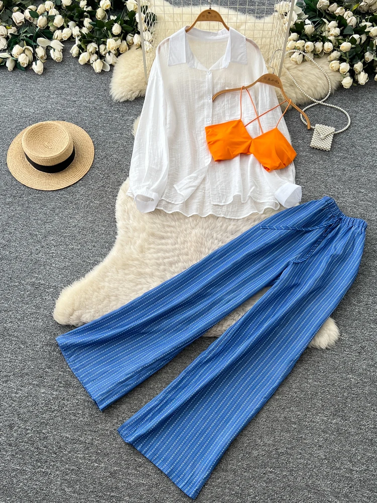 

Women's Vacation Style Sun Protection Shirt Set High Waist Wide Leg Pants Commute Fashion Spring Autumn Two-Piece Suit