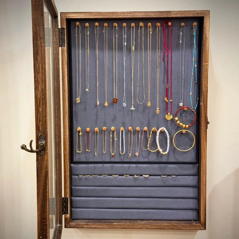 Wooden Jewelry Display Stand Wall-mounted Jewelry Display Holder Jeweler Bracelet Storage Case Large Capacity Earrings Organizer
